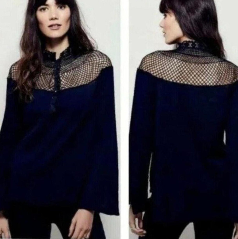 Free People Whimsical Goth On the Island Crochet Blouse in Blue Xs